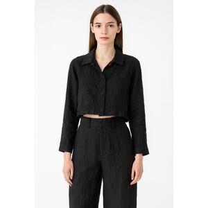 Yves Cossette Saks Fifth Ave Black Linen Button Up Top Small Quiet Luxury Fall